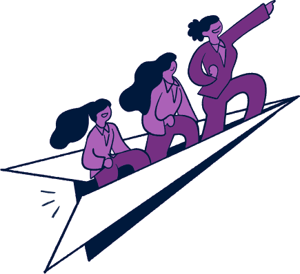 Three people riding a paper plane, an illustration of referring friends